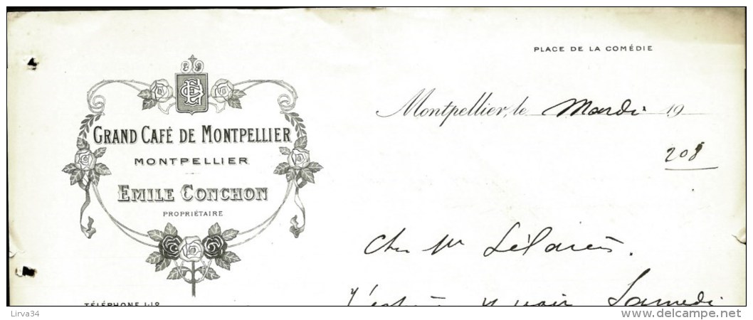 FACTURE OU LETTRE ANCIENNE DE MONTPELLIER- 19??- GRAND CAFÉ DE MONTPELLIER- BELLE ILLUSTRATION- 2 SCANS- - Levensmiddelen