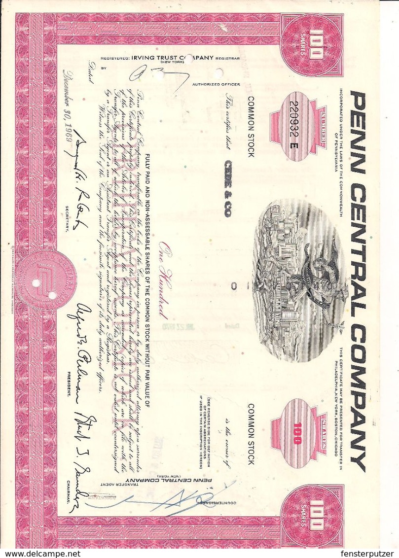 1 Stück - 100 Shares - Penn Central Company 30.12.1969 - Entwertet - Chemin De Fer & Tramway