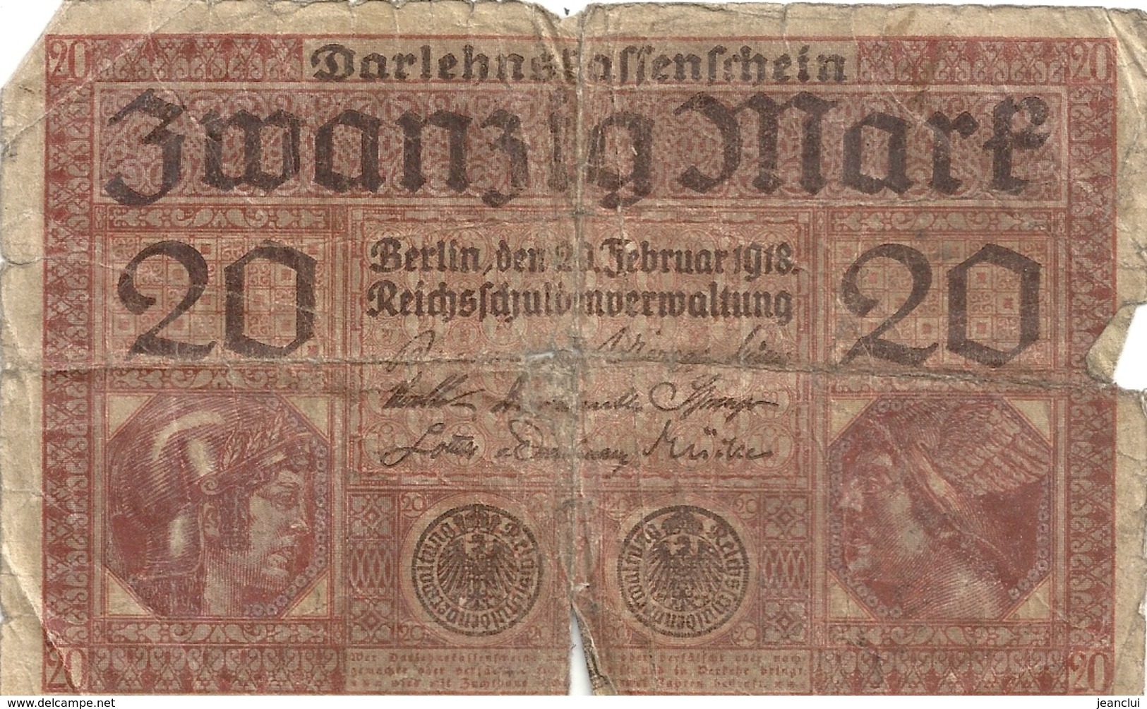 DARLEHENSKASSENSCHEIN ( Billet De Pret D'etat 1914-1922 ). 20 ZWANZIG MARK .  20-2-1918 . N° K.5336108 . 2 SCANES - Administration De La Dette