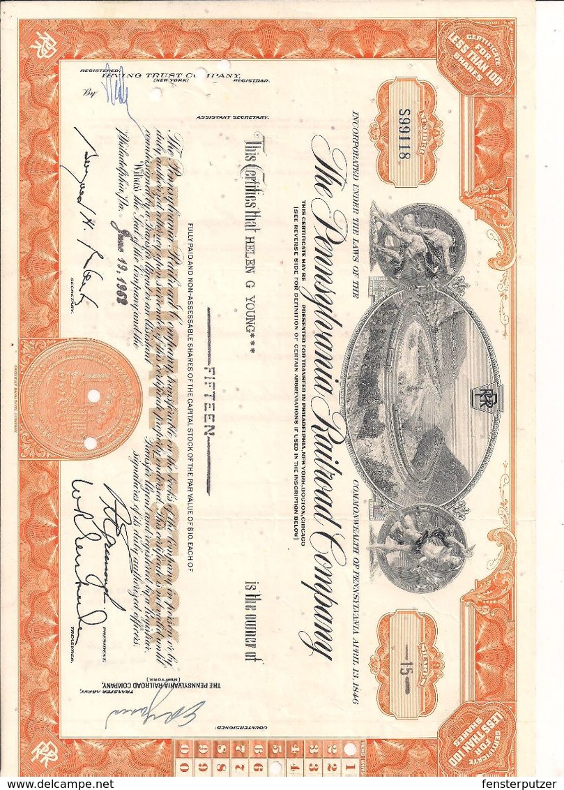 1 Stück - 15 Shares - The Pennsylvania Railroad Company 19.6.1962 - Entwertet - Chemin De Fer & Tramway