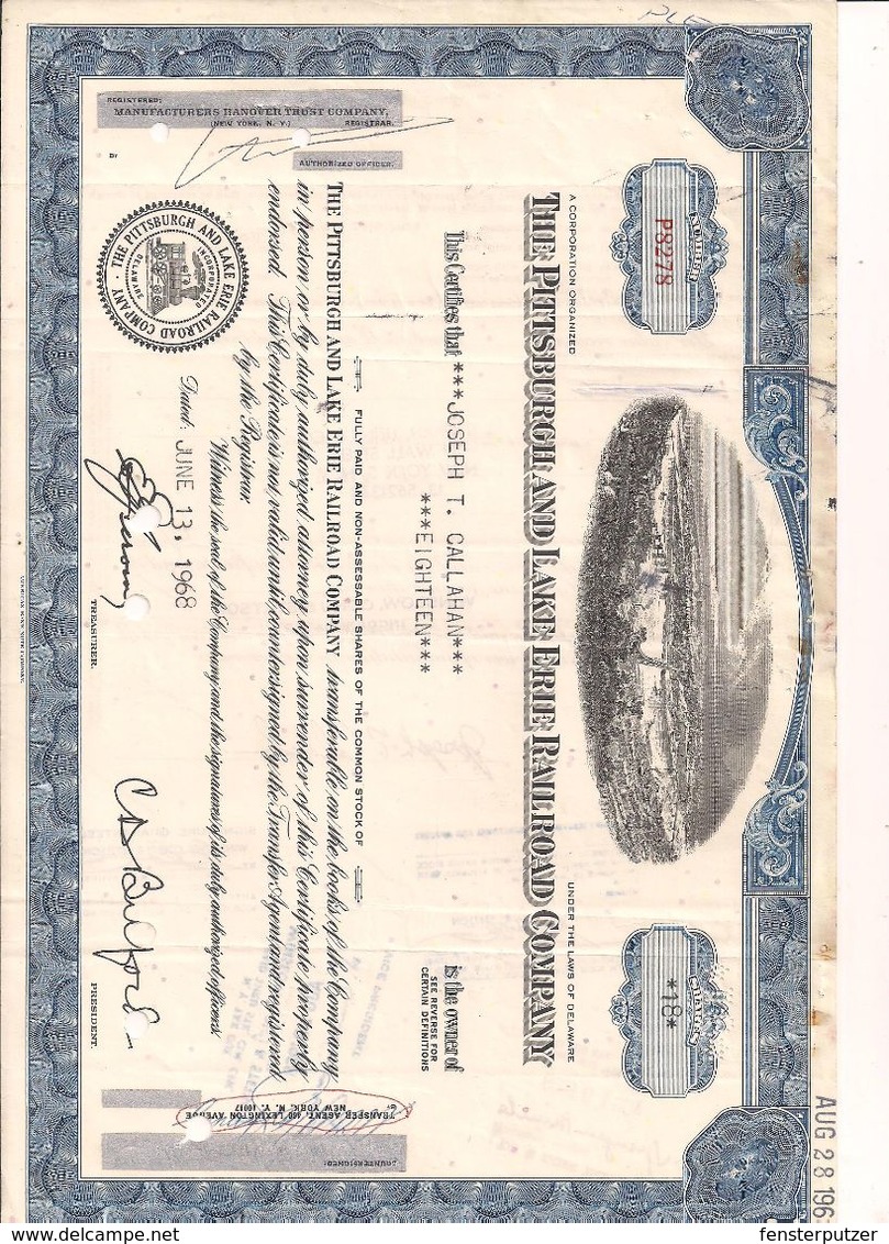 1 Stück - 18 Shares - The Pittsburgh And Lake Erie Railroad Company 13.6.1968 - Entwertet - Chemin De Fer & Tramway