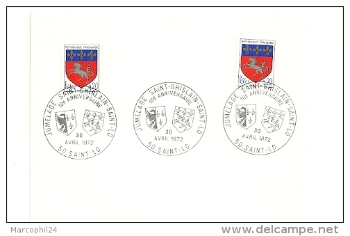 MANCHE - Dépt N° 50 = SAINT LO 1972 = CACHET TEMPORAIRE Illustré D' ARMOIRIES 'Jumelage St Ghislain' Sur N° Yvt 1510 - Bolli Commemorativi