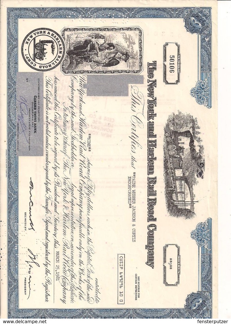 1 Stück - 9 Shares - The New York And Harlem Rail Road Company 25.3.1981 - Entwertet - Chemin De Fer & Tramway