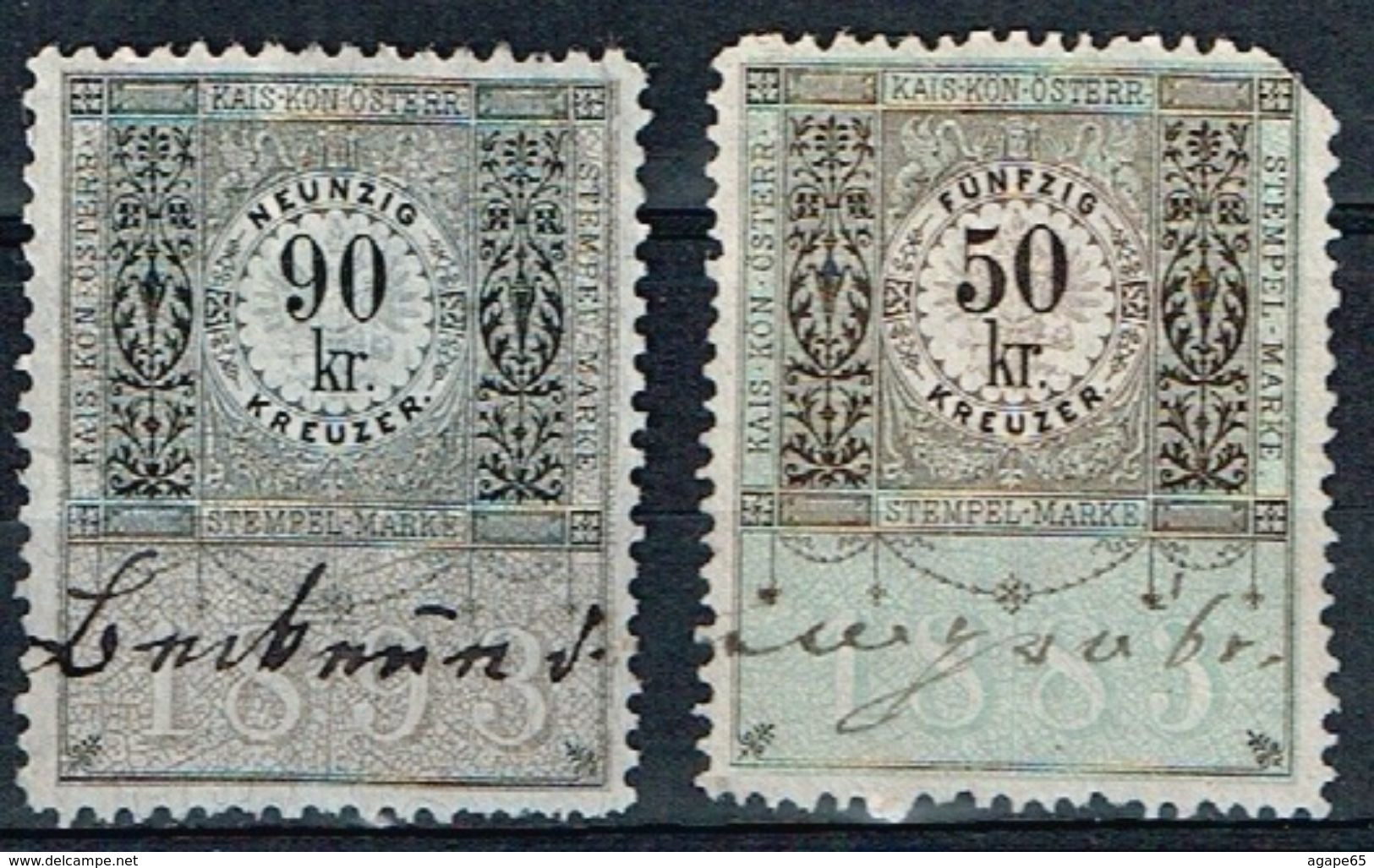 2 Timbres Fiscales Austriacos 50kr (1883) & 90kr(1893) - Steuermarken