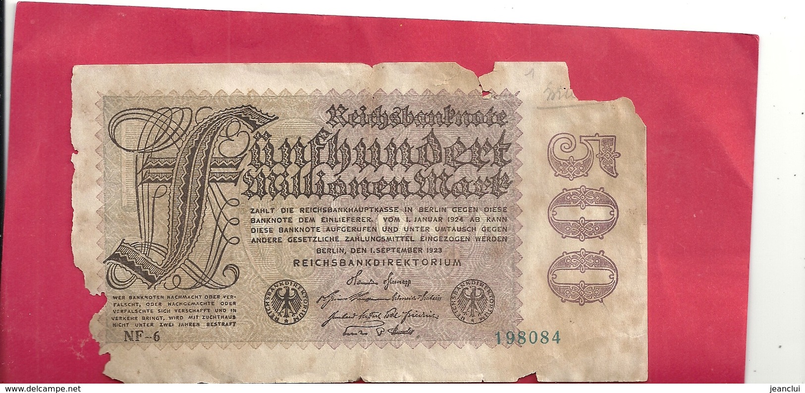 REICHSBANKNOTE . 500 MILLIONENMARK . 1-9-1923 . N° 198084 . 2 SCANES - 500 Miljoen Mark