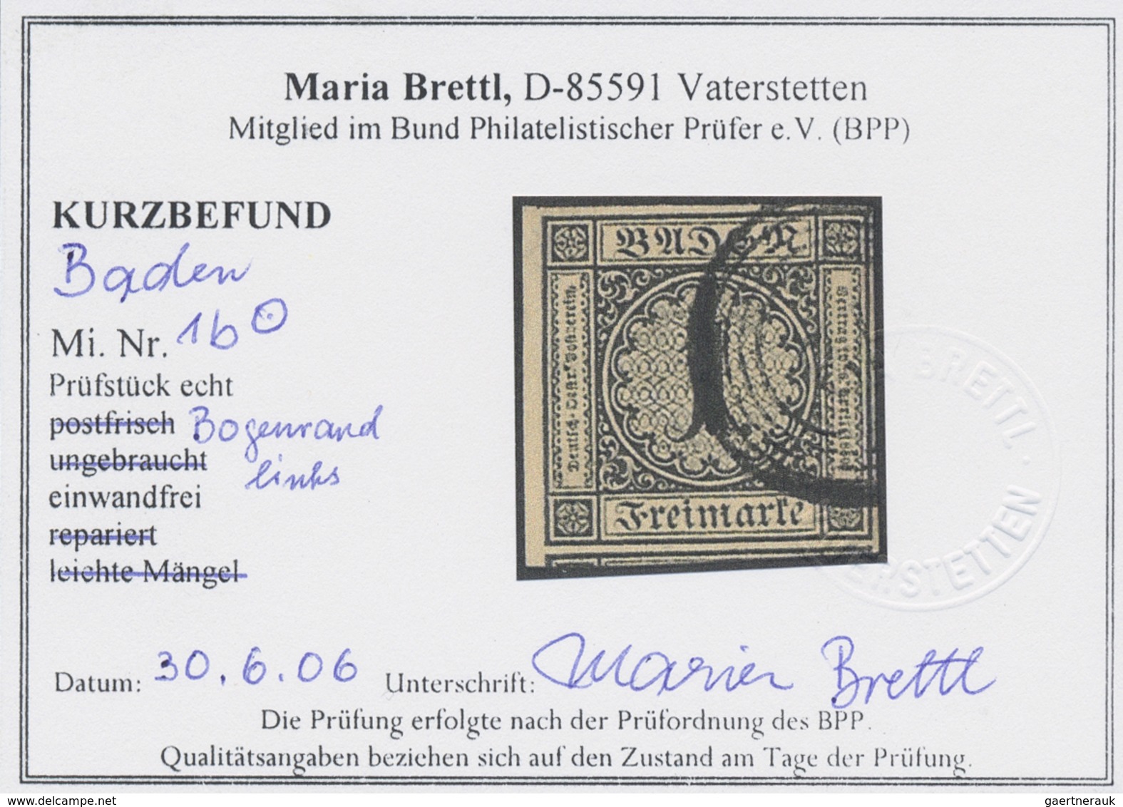 O Baden - Marken Und Briefe: 1851, 1 Kreuzer Gestempelt Vom Bogenrand Links Mit Kurzbefund Brettl BPP - Andere & Zonder Classificatie