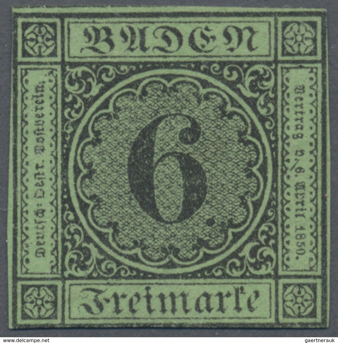 (*) Baden - Marken Und Briefe: 1851, 6 Kr. Schwarz Auf Gelblichgrün, Dickeres Papier (2. Auflage), Ungeb - Autres & Non Classés