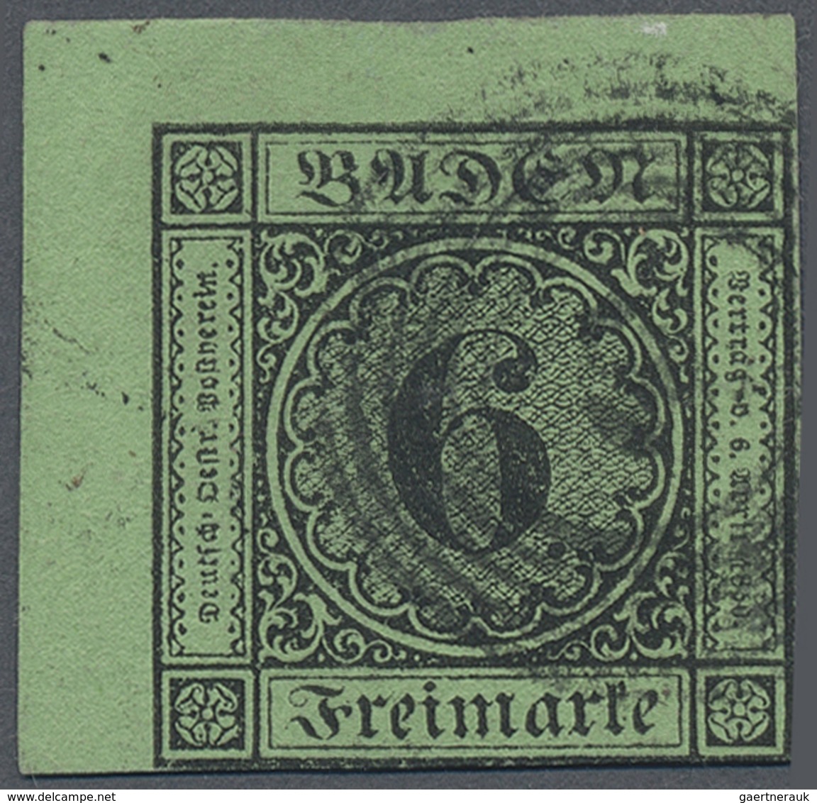 O Baden - Marken Und Briefe: 1852, 6 Kr. (dunkel)gelblichgrün Als Linke Obere Bogenecke Mit Nummernste - Andere & Zonder Classificatie