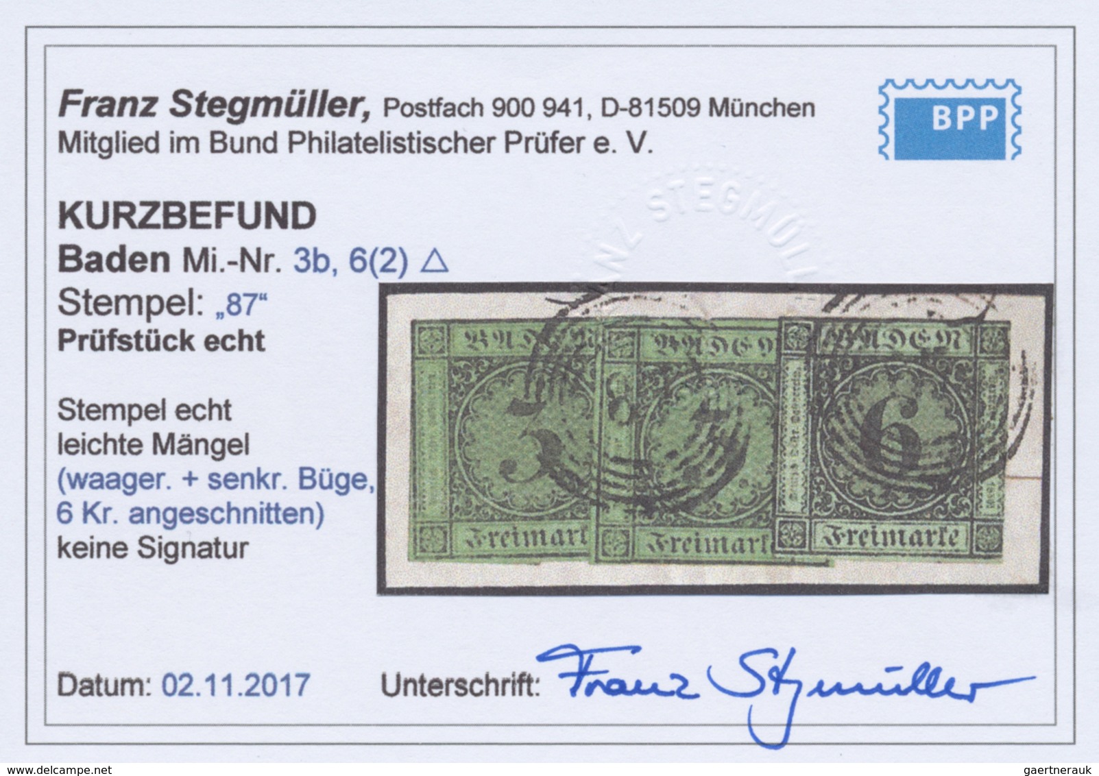 Brfst Baden - Marken Und Briefe: 1851/53, Ziffernausgabe 6 Kr. Schwarz Auf Grün Und Zweimal 1853, 3 Kr. Sc - Autres & Non Classés