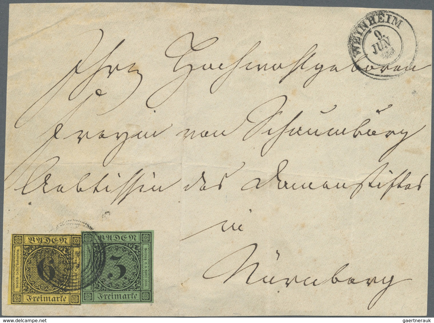 Brfst Baden - Marken Und Briefe: 1853, 3 Kr. Schwarz Auf Grün Und 6 Kr. Schwarz Auf Gelb (6 Kr. Unten Knap - Sonstige & Ohne Zuordnung