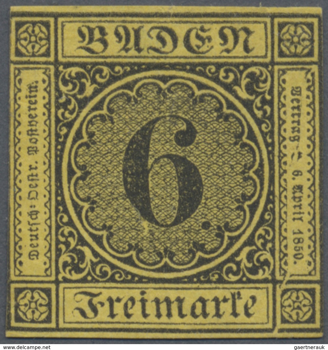 (*) Baden - Marken Und Briefe: 1853, Ziffern-Ausgabe 6 Kr. Schwarz Auf Gelb Mit Plattenfehler I, Einfass - Altri & Non Classificati