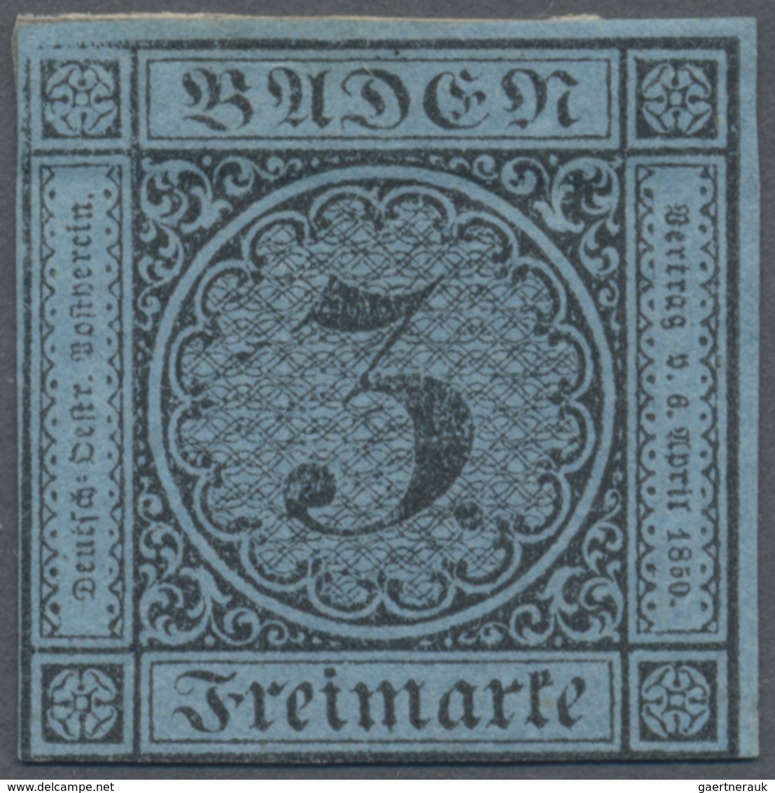 (*) Baden - Marken Und Briefe: 1858, Ziffernausgabe 3 Kr. Schwarz Auf Blau, Ungebraucht Ohne Gummi, Farb - Andere & Zonder Classificatie