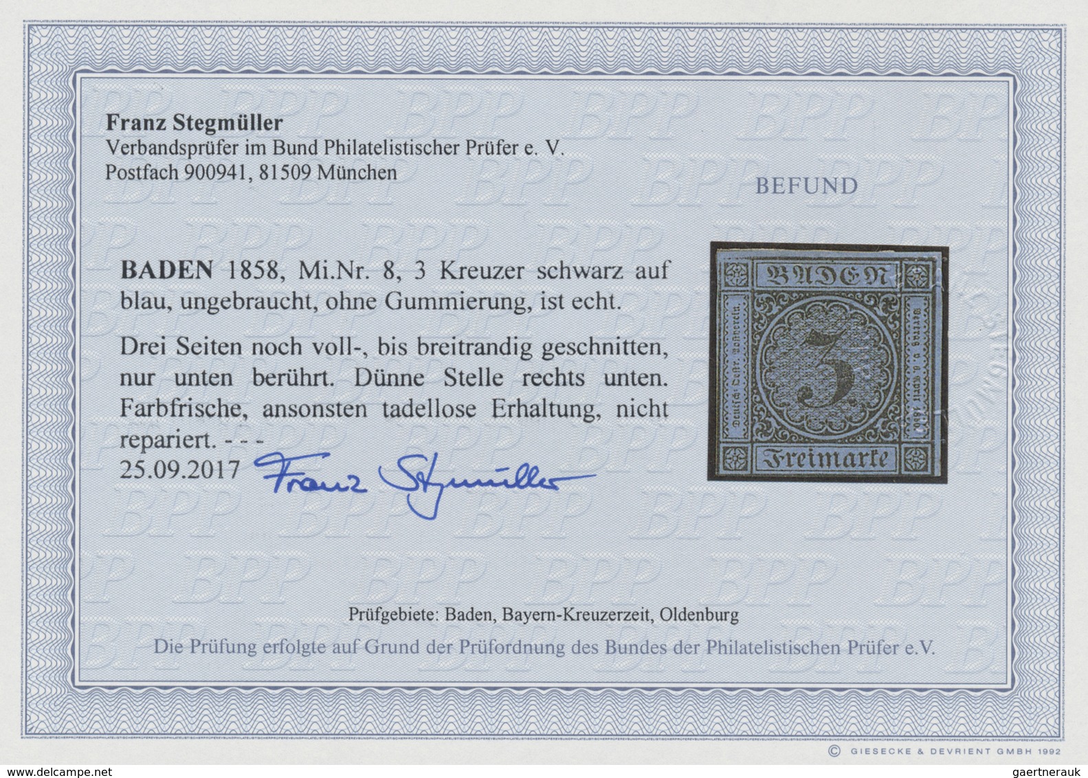 (*) Baden - Marken Und Briefe: 1858, Ziffernausgabe 3 Kr. Schwarz Auf Blau, Ungebraucht Ohne Gummi, Farb - Autres & Non Classés