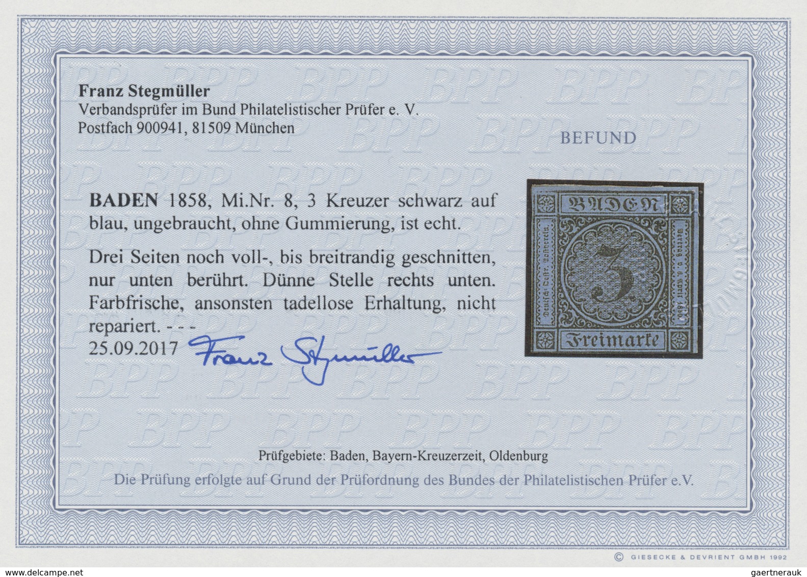 (*) Baden - Marken Und Briefe: 1858, Ziffernausgabe 3 Kr. Schwarz Auf Blau, Ungebraucht Ohne Gummi, Farb - Sonstige & Ohne Zuordnung