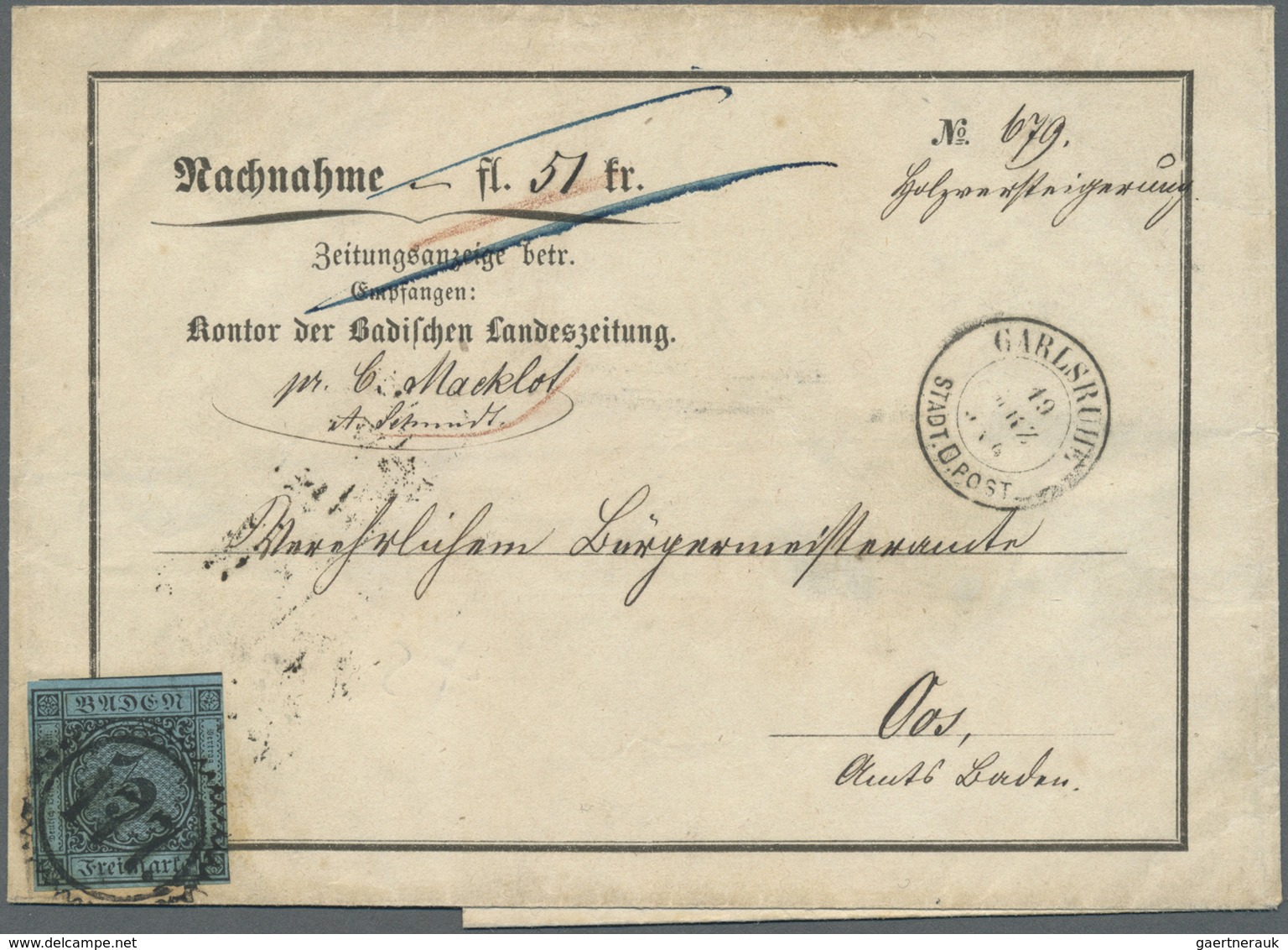 Br Baden - Marken Und Briefe: 1858, 3 Kr. Schwarz Auf Blau (rechts Berührt, Sonst Breit/überrandig) Auf - Andere & Zonder Classificatie
