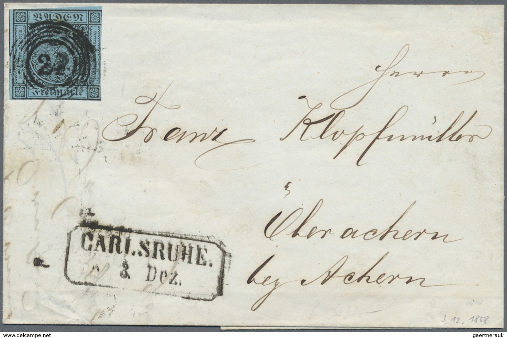 Br Baden - Marken Und Briefe: 1858, Ziffernausgabe 3 Kr. Schwarz Auf Blau, Einzelfrankatur Mit Frühdatu - Sonstige & Ohne Zuordnung