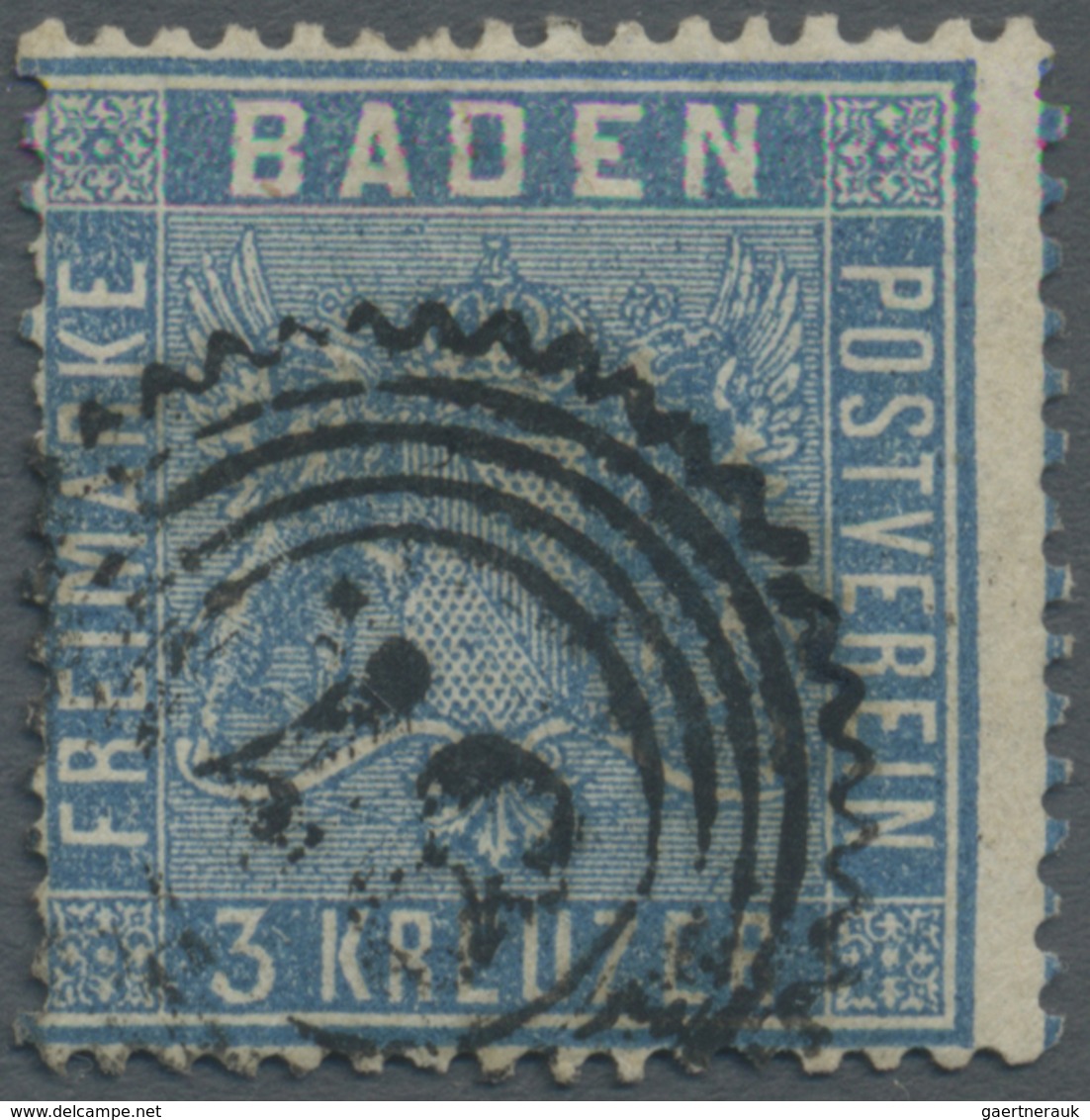 O Baden - Marken Und Briefe: 1860, 3 Kreuzer Lebhaftpreußischblau Mit Resten ROTER GUMMIERUNG, Gestemp - Andere & Zonder Classificatie