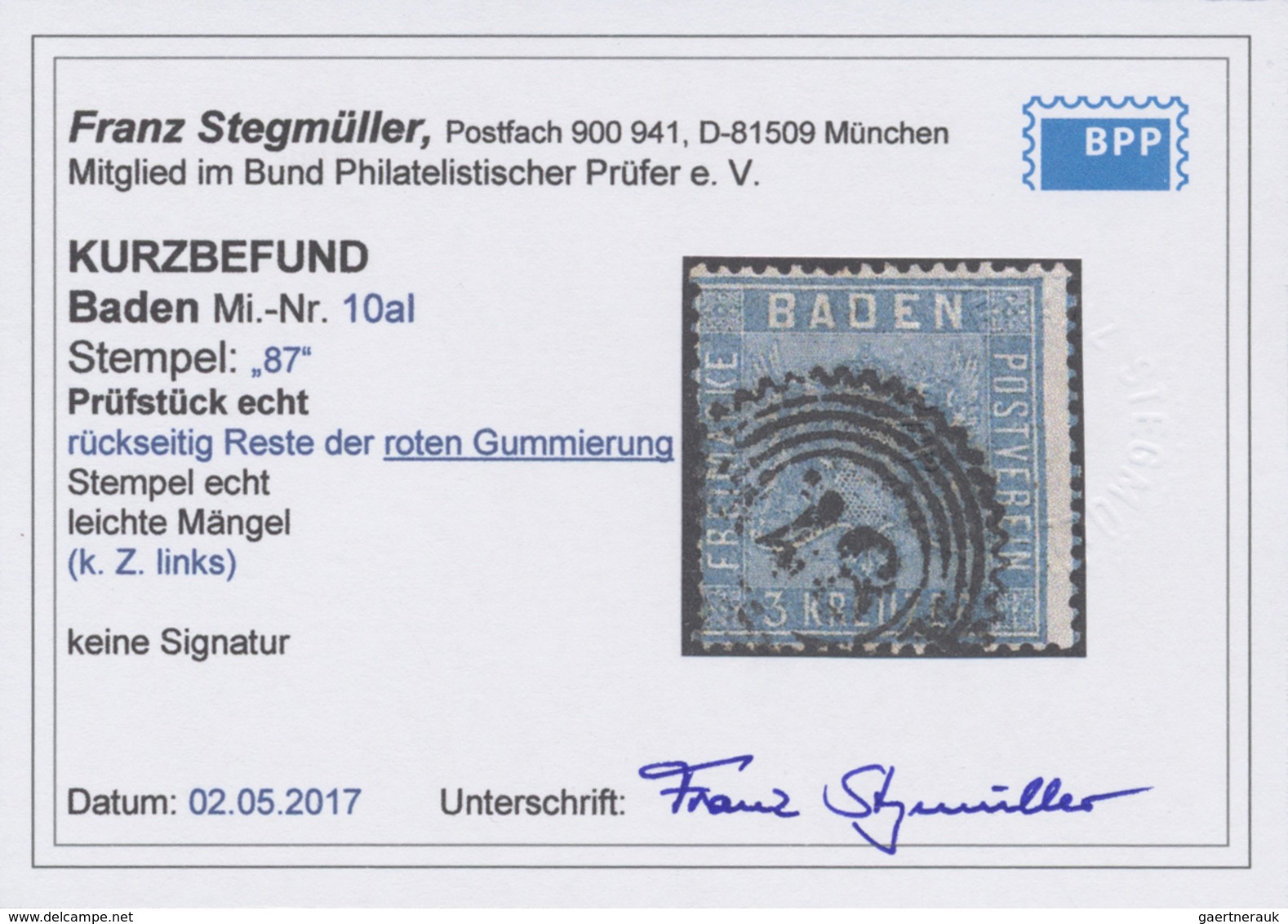 O Baden - Marken Und Briefe: 1860, 3 Kreuzer Lebhaftpreußischblau Mit Resten ROTER GUMMIERUNG, Gestemp - Altri & Non Classificati