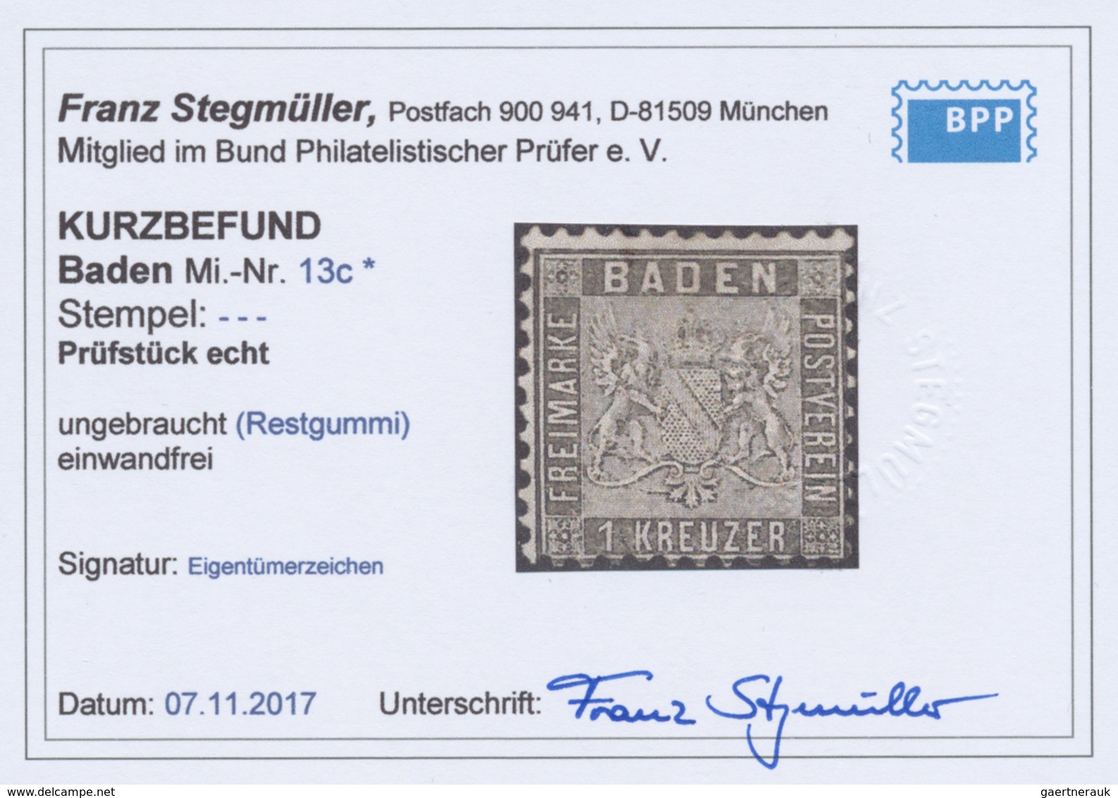 (*) Baden - Marken Und Briefe: 1862, Wappen Gestreifter Hintergrund 1 Kr. Grauschwarz, Ungebraucht Mit G - Sonstige & Ohne Zuordnung