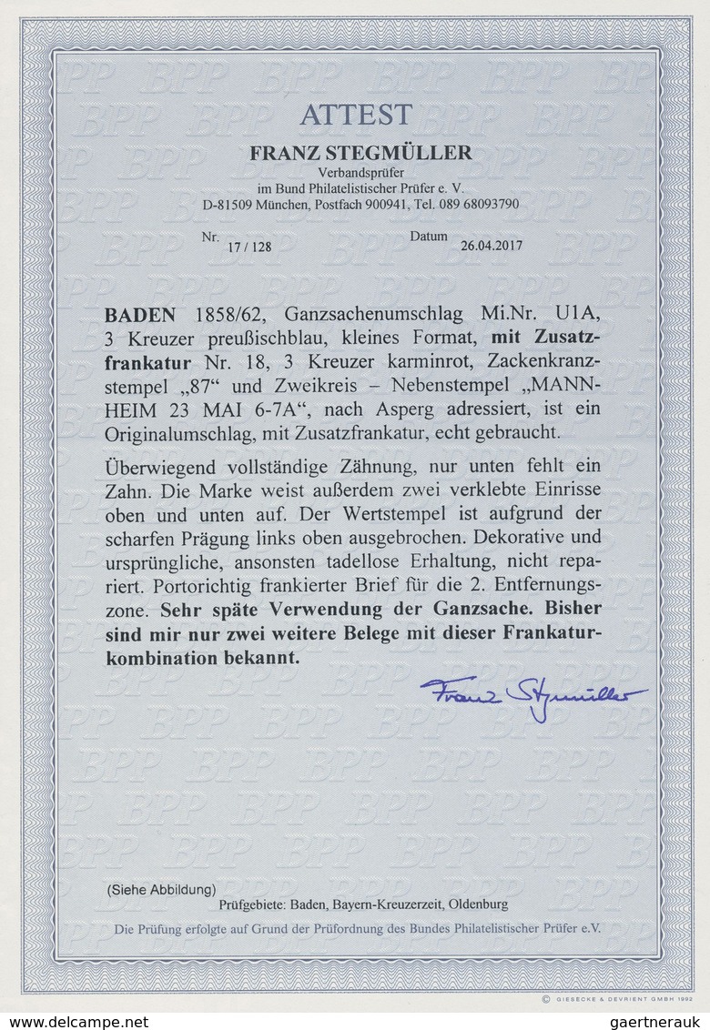 GA Baden - Marken Und Briefe: 1858/1862, 3 Kreuzer Preußischblau Kleines Format Mit Zusatzfrankatur 3 K - Sonstige & Ohne Zuordnung