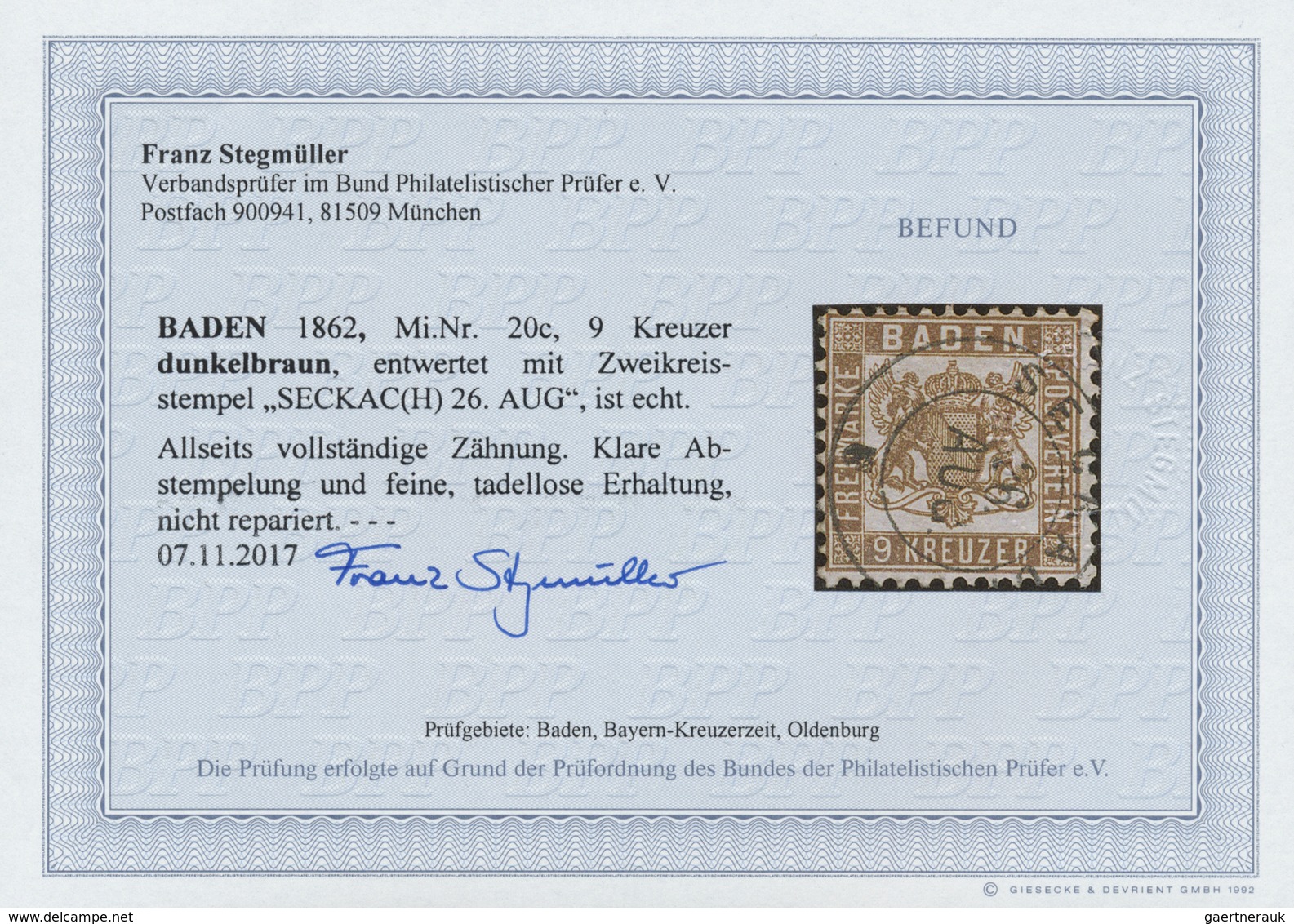 O Baden - Marken Und Briefe: 1862, Wappen-Ausgabe Weisser Grund: 9 Kr. (dunkel)braun Mit Klarem K2 "SE - Autres & Non Classés