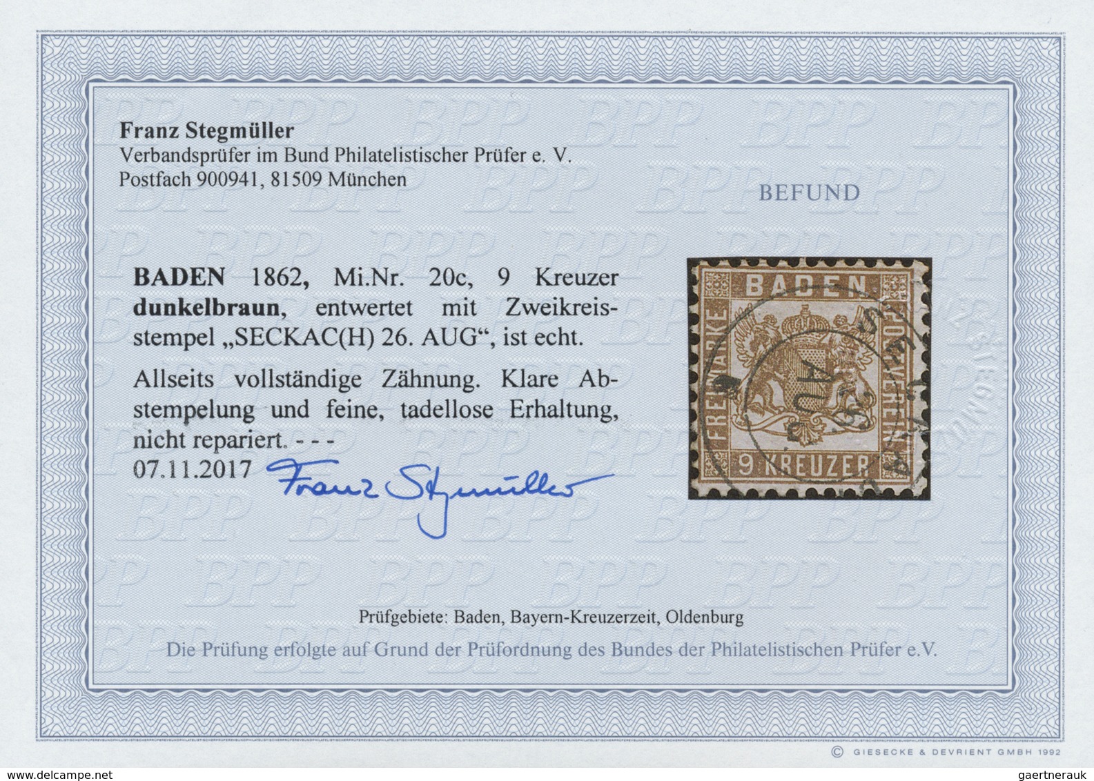 O Baden - Marken Und Briefe: 1862, Wappen-Ausgabe Weisser Grund: 9 Kr. (dunkel)braun Mit Klarem K2 "SE - Other & Unclassified