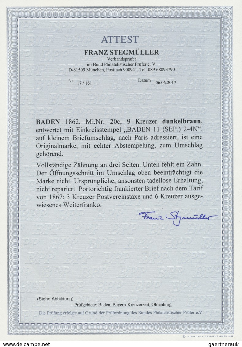 Br Baden - Marken Und Briefe: 1866, 9 Kr. Dunkelbraun, Seltenste Farbe. Farbfrisches Prachtvolles Exemp - Autres & Non Classés