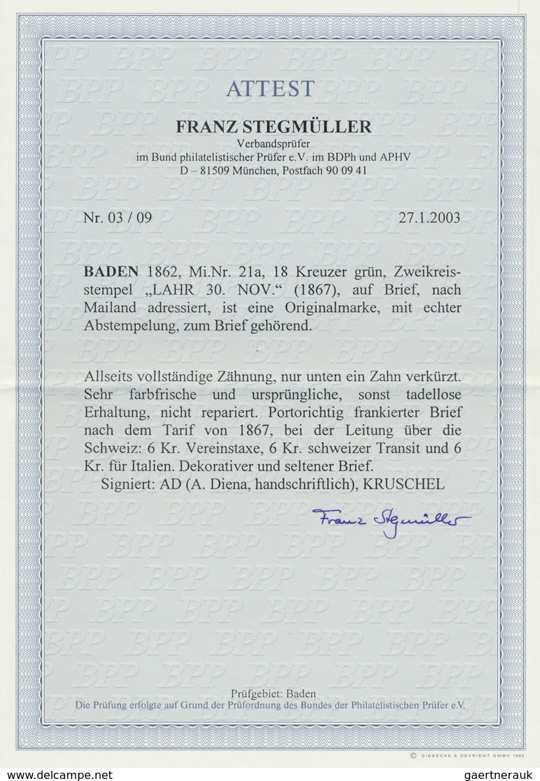 Br Baden - Marken Und Briefe: 1862, 18 Kreuzer Lebhaftgrün Als Portogerechte Einzelfrankatur Auf Auslan - Autres & Non Classés