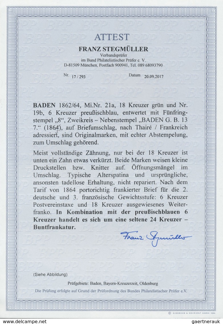 Br Baden - Marken Und Briefe: 1862, Wappen 18 Kr. Grün + 6 Kr. Preussischblau Zusammen Auf Couvert Nach - Autres & Non Classés