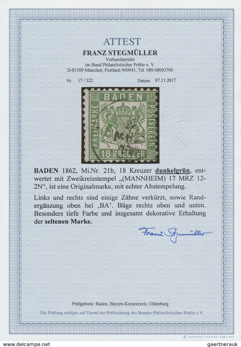 O Baden - Marken Und Briefe: 1862, Wappen 18 Kr. In Seltener Tiefer B-Farbe Dunkelopalgrün Mit Zentris - Autres & Non Classés