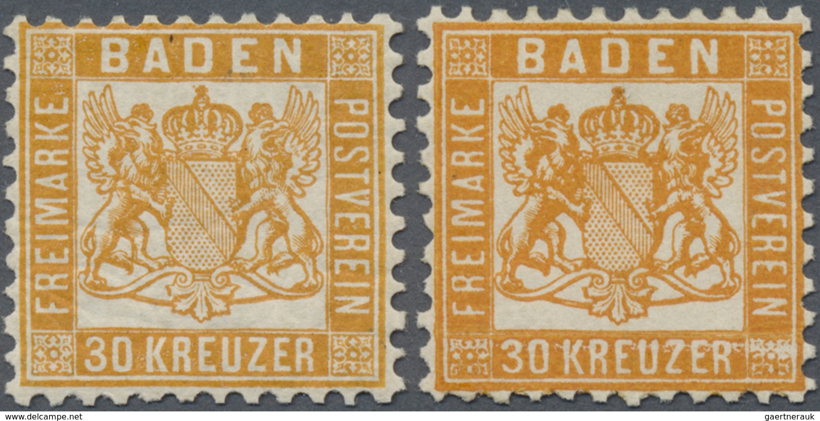 * Baden - Marken Und Briefe: 1862, Wappenausgabe 30 Kr. Zwei Werte In A-Farbe Gelborange Und B-Farbe G - Andere & Zonder Classificatie