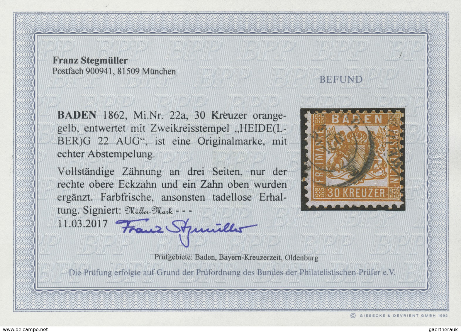 O Baden - Marken Und Briefe: 1862, 30 Kr. Lebhaftgelborange, Farbfrisches Exemplar In Dreiseitig Perfe - Andere & Zonder Classificatie
