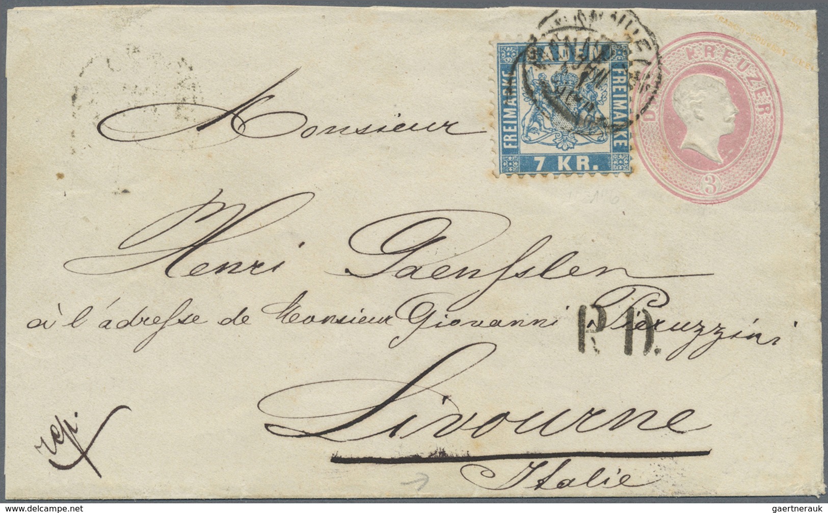 GA Baden - Ganzsachen: 1866, GA-Umschlag 3 Kr. Rosa, Abgenutzte Platte Mit Zusatzfrankatur 7 Kr. Blau ( - Altri & Non Classificati