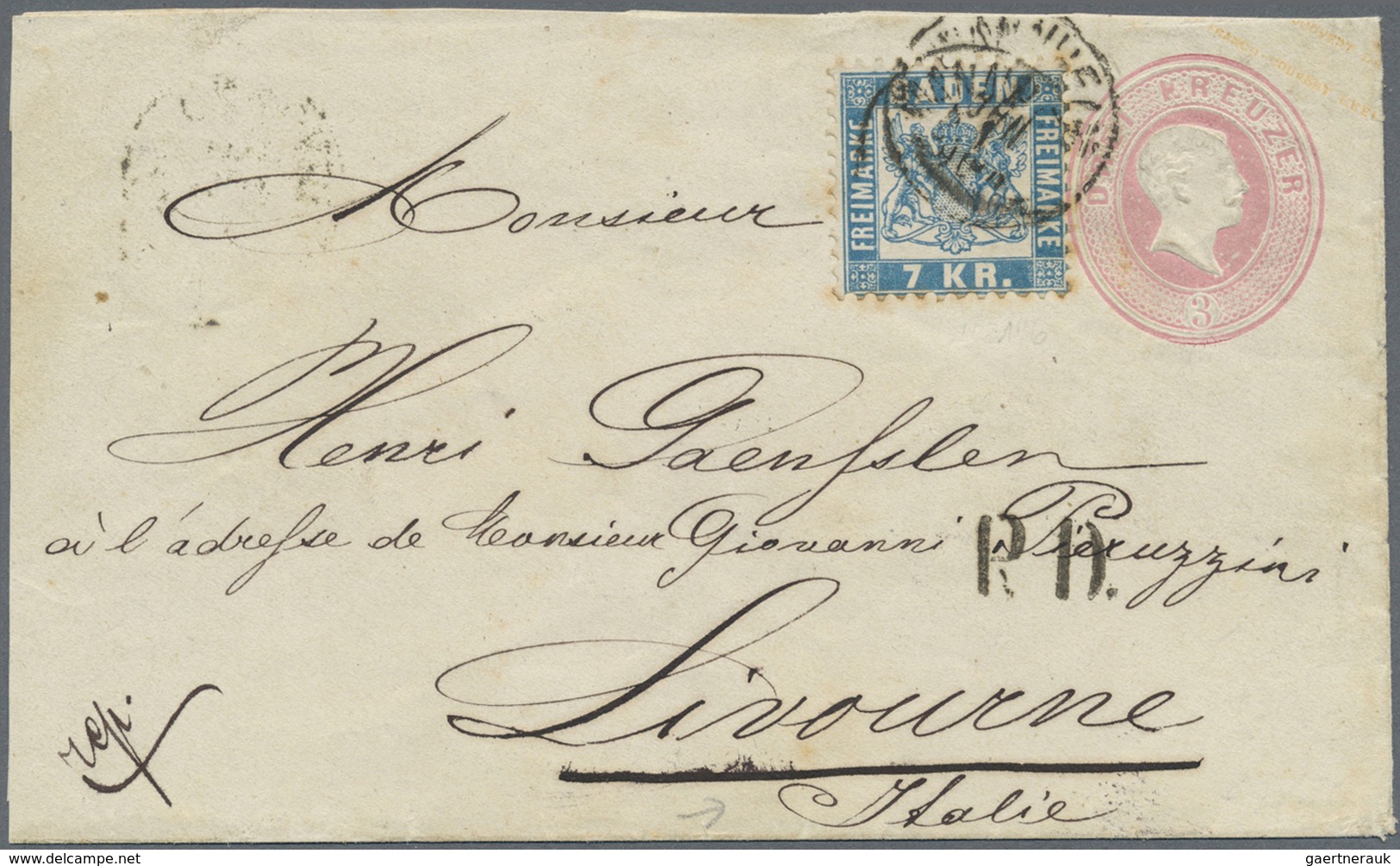 GA Baden - Ganzsachen: 1866, GA-Umschlag 3 Kr. Rosa, Abgenutzte Platte Mit Zusatzfrankatur 7 Kr. Blau ( - Autres & Non Classés