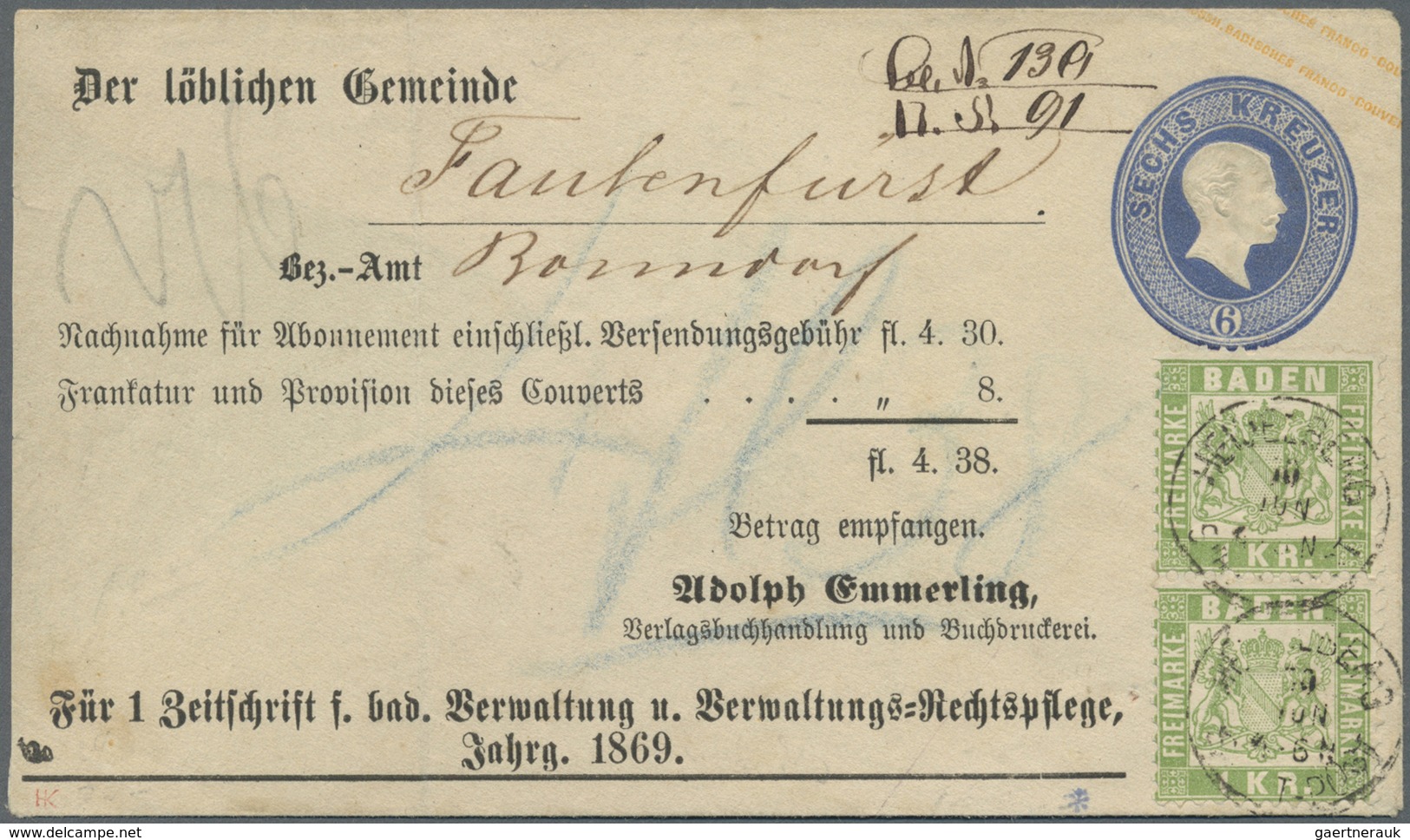 GA Baden - Ganzsachen: 1866, 6 Kr. Ganzsachenumschlag Mit Vordruck Der Verlagsbuchhandlung Adolph Emmer - Sonstige & Ohne Zuordnung