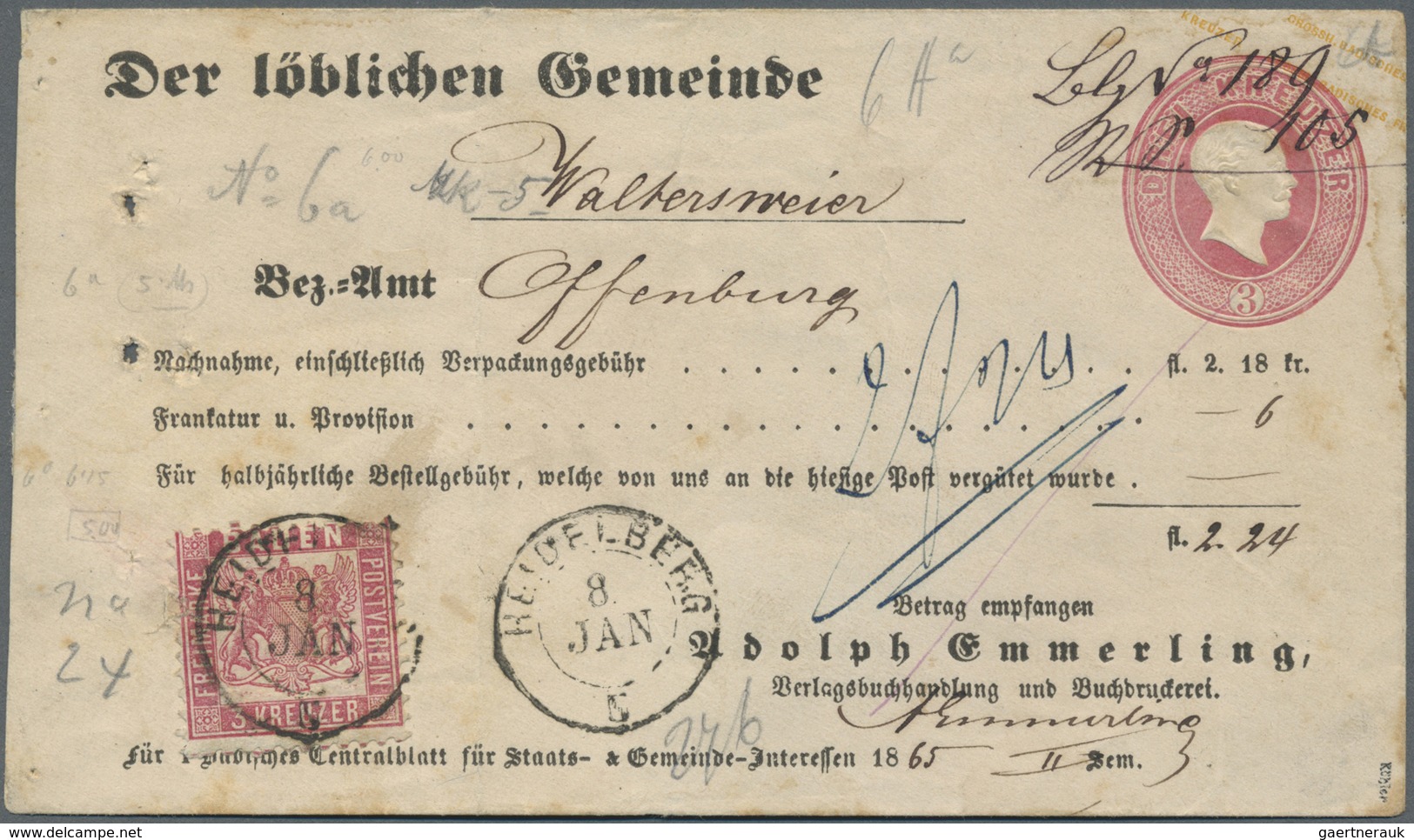 GA Baden - Zusatzfrankaturen Auf Ganzsachen: 1868, 3 Kr. Ganzsache (Mgl.) Mit 3 Kr. Zusatzfrankatur Und - Sonstige & Ohne Zuordnung
