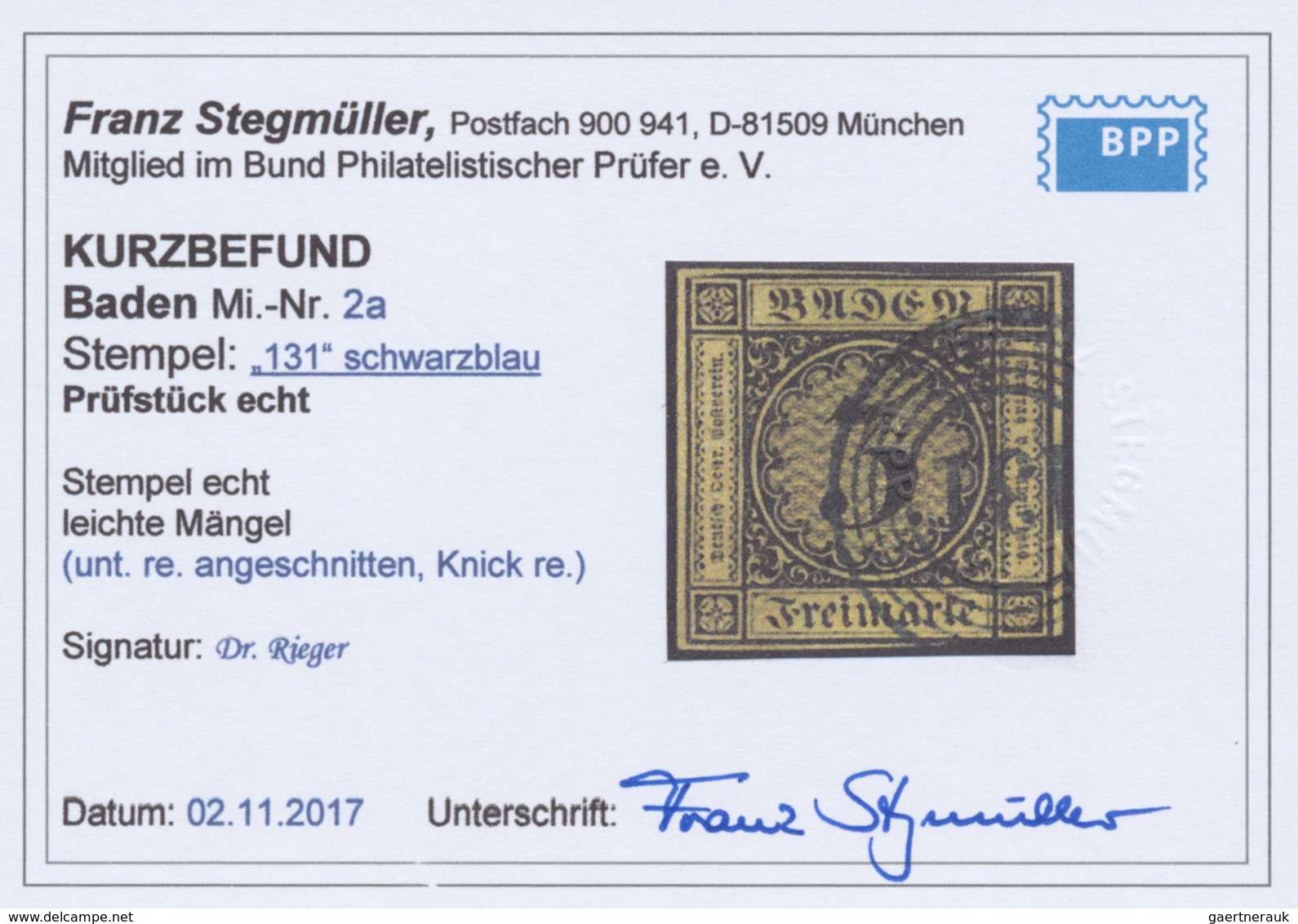 O Baden - Nummernstempel: 131 (Schwetzingen) DUNKELBLAUER Klarer Nr.-St. Auf 1851, Wappenausgabe 3 Kr - Sonstige & Ohne Zuordnung
