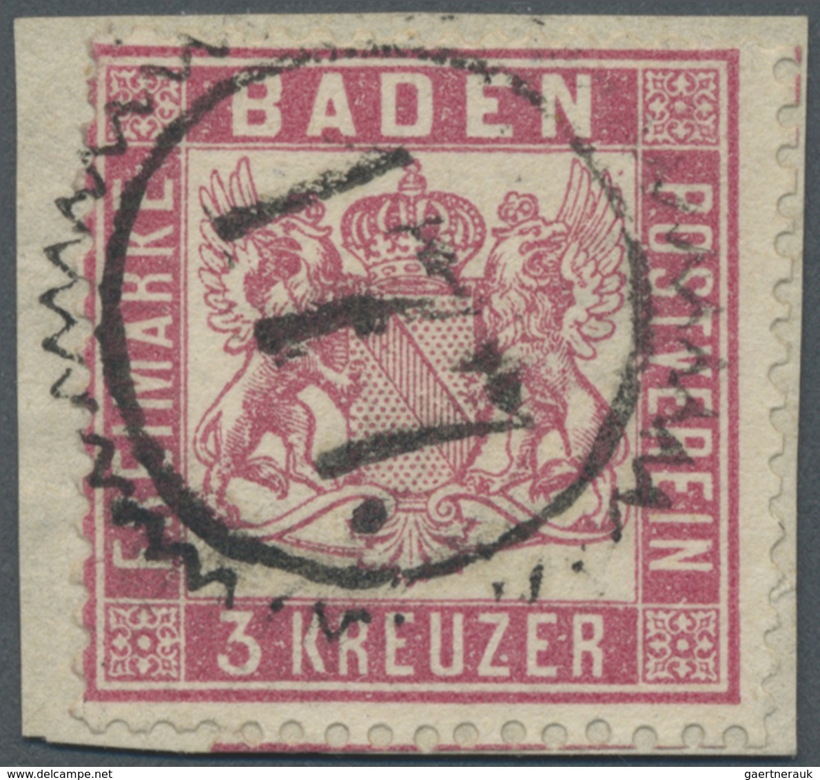 Brfst Baden - Nummernstempel: "177" KARLSRUHE STADT-POST ZACKENKRANZSTEMPEL Auf Briefstück Mit 3 Kr. Mitte - Other & Unclassified