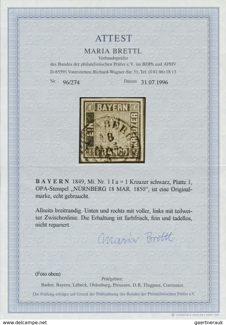 O Bayern - Marken Und Briefe: 1849, 1 Kr. Schwarz, Platte 1, OPA-Stempel "NÜRNBERG 18 MAR. 1850", Foto - Sonstige & Ohne Zuordnung