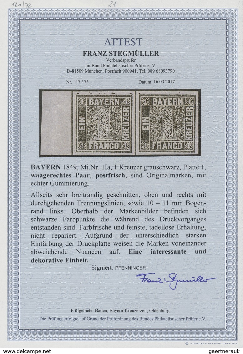 **/ Bayern - Marken Und Briefe: 1849, 1 Kreuzer Grauschwarz, Platte 1, Postfrisch, Allseits Breitrandig - Other & Unclassified
