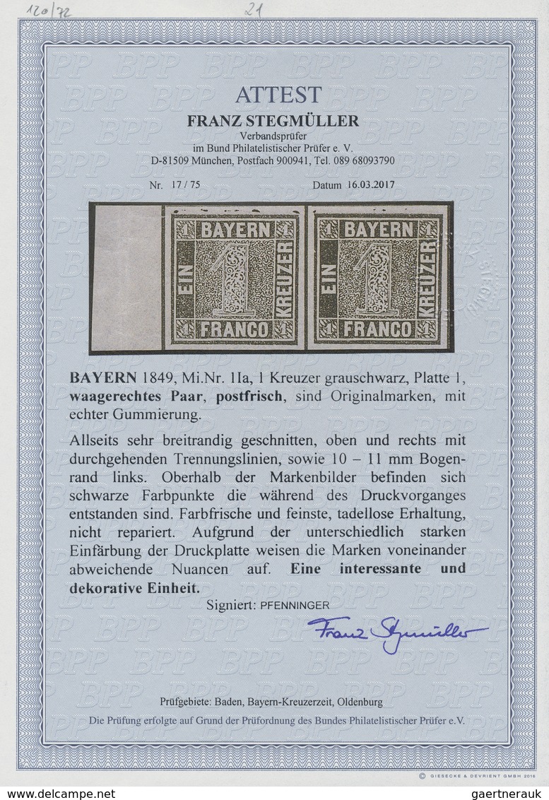 **/ Bayern - Marken Und Briefe: 1849, 1 Kreuzer Grauschwarz, Platte 1, Postfrisch, Allseits Breitrandig - Autres & Non Classés