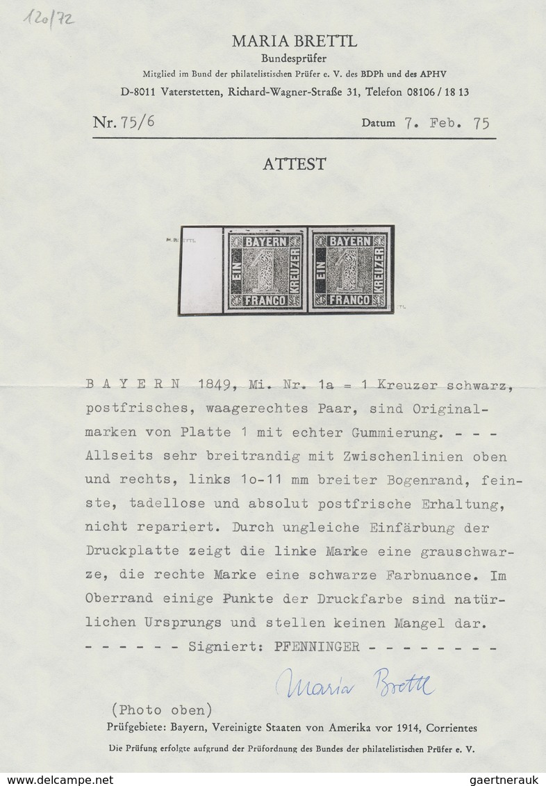 **/ Bayern - Marken Und Briefe: 1849, 1 Kreuzer Grauschwarz, Platte 1, Postfrisch, Allseits Breitrandig - Autres & Non Classés