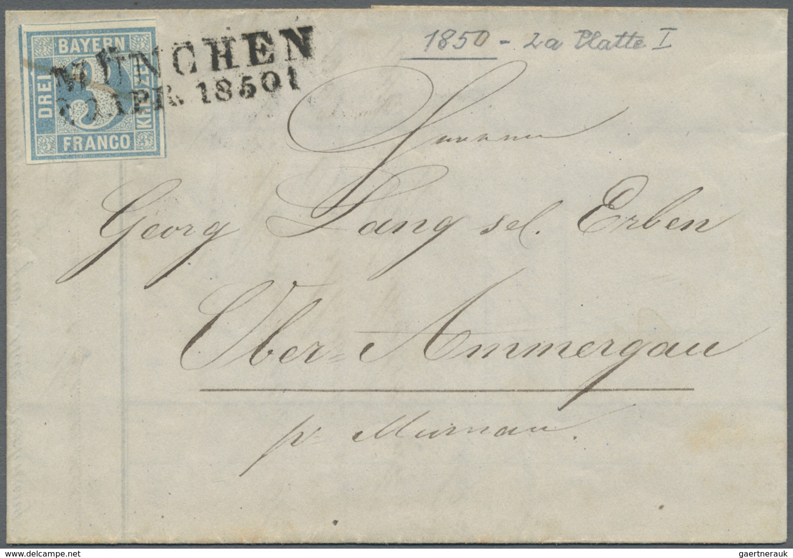Br Bayern - Marken Und Briefe: 1850, 3 Kr. Blau, Platte 1, Allseits Breitrandig Mit Kleinem Rand Rechte - Sonstige & Ohne Zuordnung