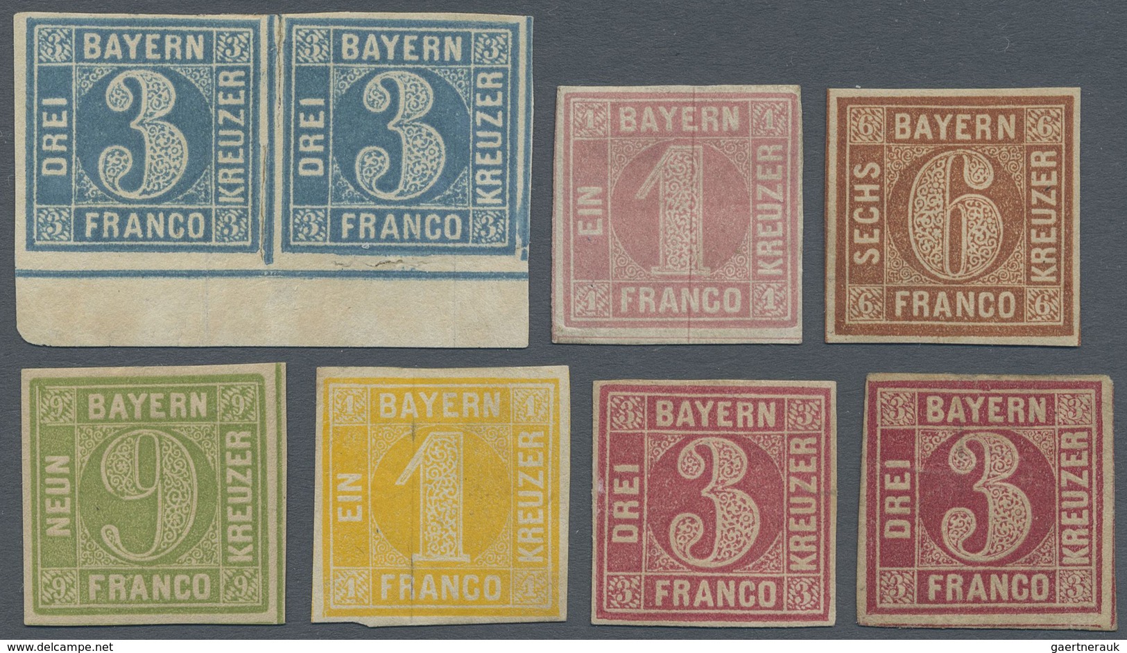 * Bayern - Marken Und Briefe: 1850 - 1862, Lot Von Einem Unterrandpaar 3 Kr Blau Platte 4 Und 6 Marken - Altri & Non Classificati