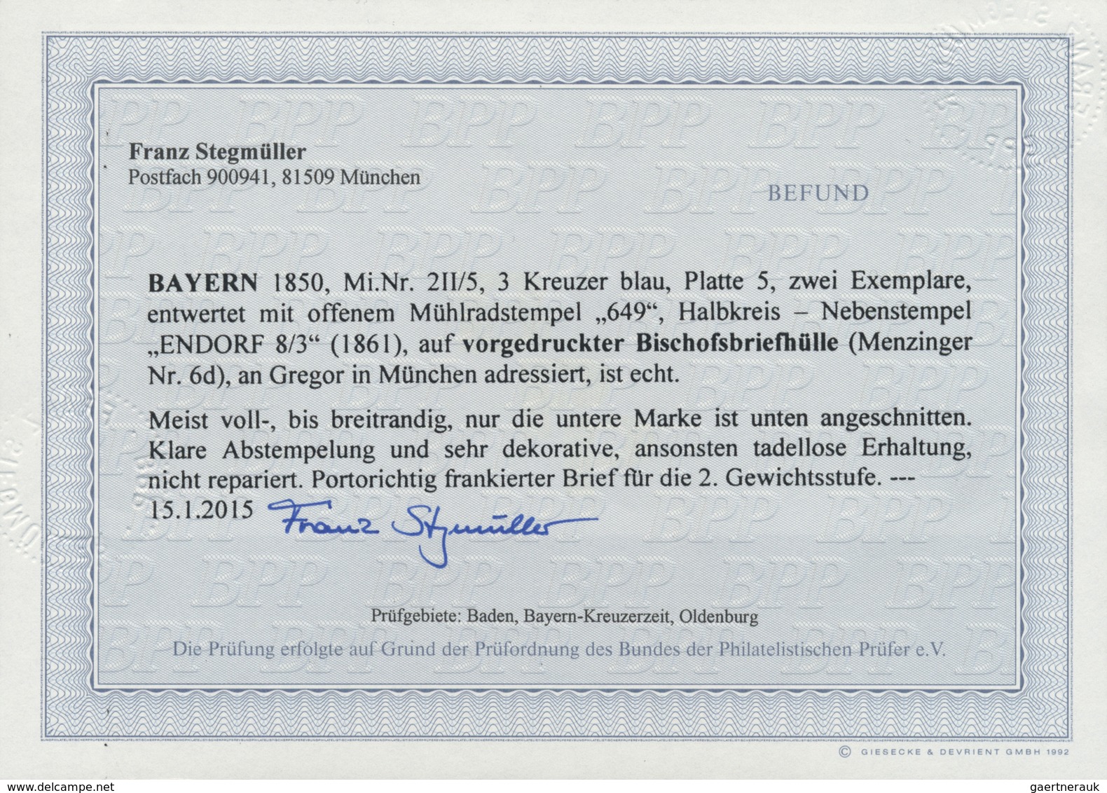 Br Bayern - Marken Und Briefe: 1850, Zweimal 3 Kr. Blau Auf VORDRUCK-BISCHOFSBRIEF An Gregor Von Münche - Sonstige & Ohne Zuordnung