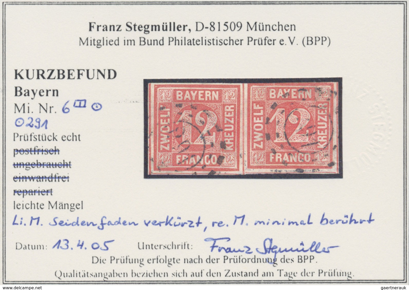 O Bayern - Marken Und Briefe: 1850. 12 Kr. Rot Im Waagerechten Paar, Gestempelt Mit OMR "291", Rechte - Autres & Non Classés