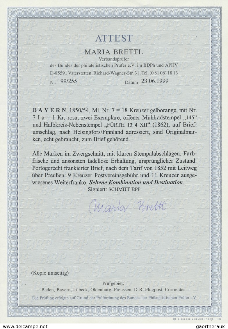 Br Bayern - Marken Und Briefe: 1850/54, Ziffernzeichnung 18 Kreuzer Gelborange Und Zwei Exemplaren 1 Kr - Altri & Non Classificati
