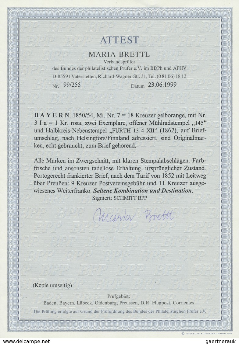 Br Bayern - Marken Und Briefe: 1850/54, Ziffernzeichnung 18 Kreuzer Gelborange Und Zwei Exemplaren 1 Kr - Autres & Non Classés