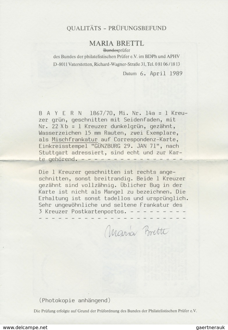 Br Bayern - Marken Und Briefe: 1867/1870, 1 Kr Grün Ungezähnt Sowie 2 X 1 Kr Dunkelgrün Gezähnt Mit Wz. - Autres & Non Classés