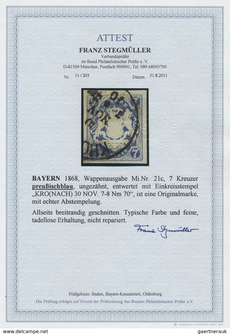 O Bayern - Marken Und Briefe: 1868: 7 Kr Preußischblau, Farbfrisch, Allseits Breitrandig, Fehlerfrei. - Sonstige & Ohne Zuordnung